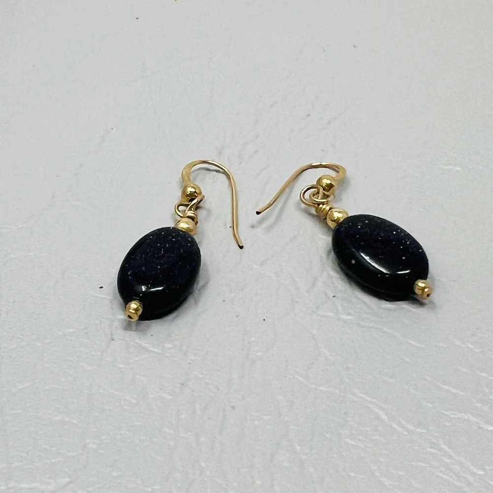 Black Blue Sparkle Pierced Earrings Oval Hook‎ Dangle Drop Minimalist